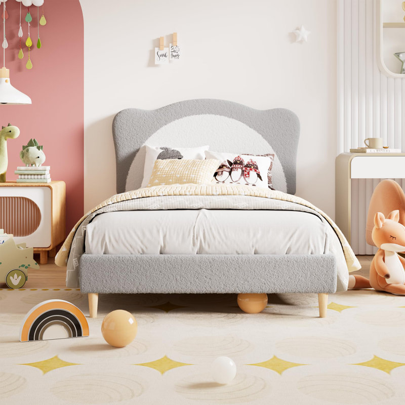 Full Upholstered Bed Frame with Panda-Shaped Headboard, Berber Fleece Platform Bed for Girls & Boys, Gray