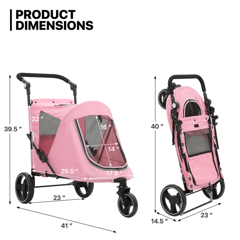 Large Gray Steel Frame Dog Stroller with Rubber Wheels