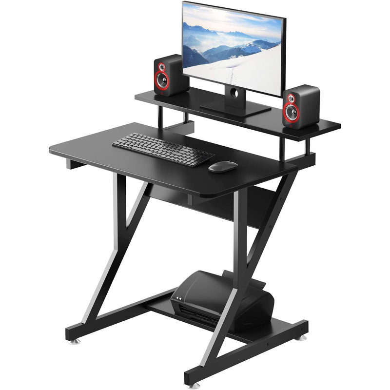 Computer Desk with Monitor Shelf - Mobile Z Shaped Home Office Desk with Storage Shelves and Movable Wheels for Small Spaces, Compact Corner Desk Space-Saving