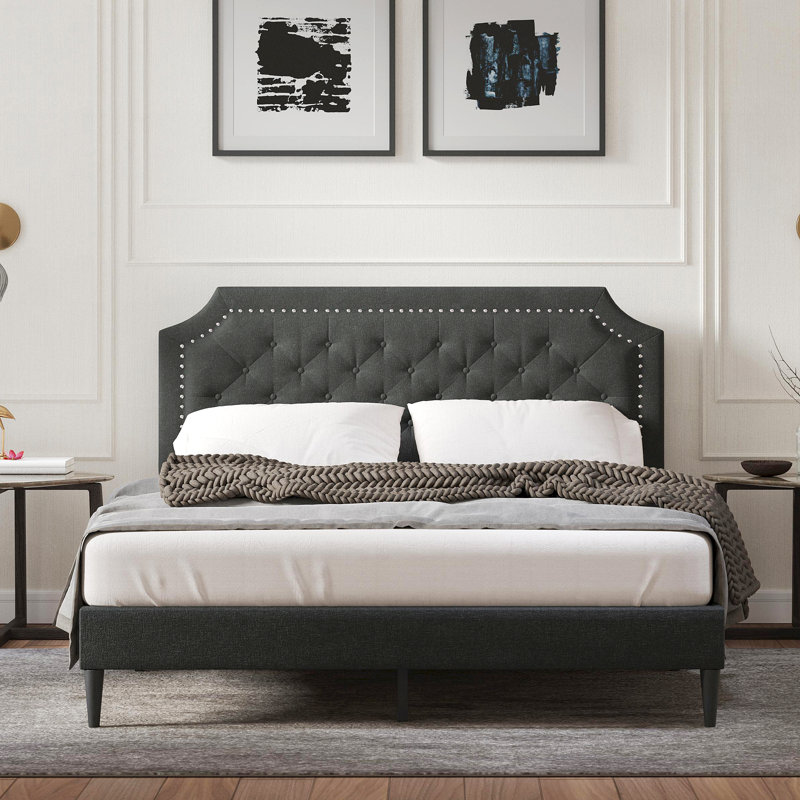 Asenet Upholstered Platform Bed, Gray, Queen
