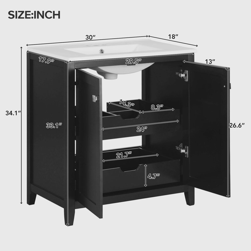 Meuble-lavabo simple 30 po avec plateau en céramique Bunton