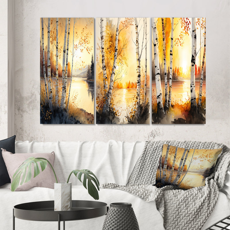 «Yellow Birches By The Lakeside», 3 pièces, H 20 po x l 36 po, Toile tendue