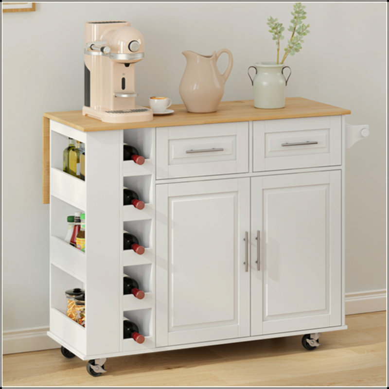 Chariot multifonctionnel pour îlot de cuisine avec armoire à 2 portes et deux tiroirs, support à épices, porte-serviette, support à vin et plateau de table en bois d'hévéa pliable