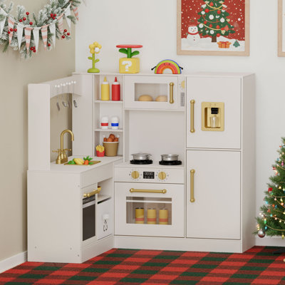 L-Shaped Corner Play Kitchen for 2-3 Kids, Wooden Pretend Set with Larger Play Area, Realistic Lights & Sounds, Ample Storage & Utensils, with Realistic Stove Sounds, Microwave, Sink & Storage(beige)