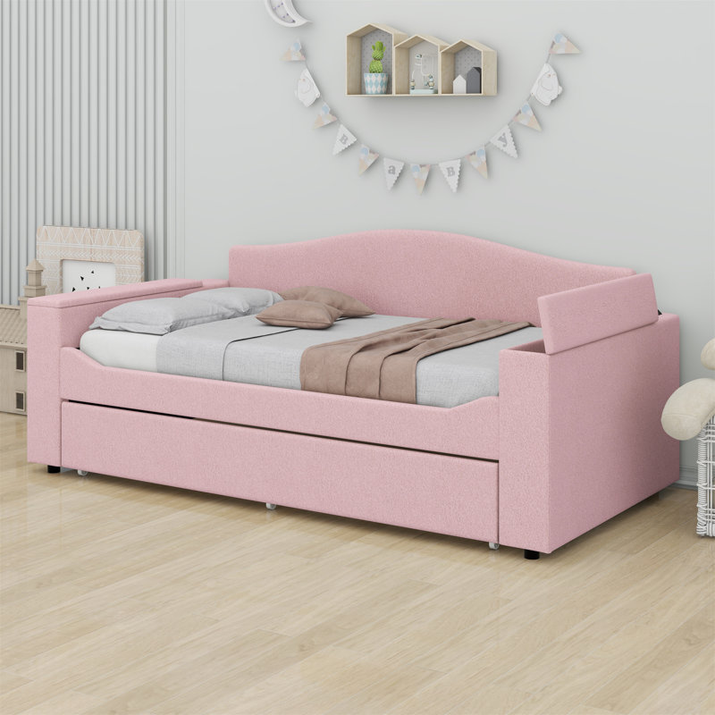 Upholstered Daybed With Storage Armrests,Trundle And Latest Integrated Bluetooth Audio System., Pink