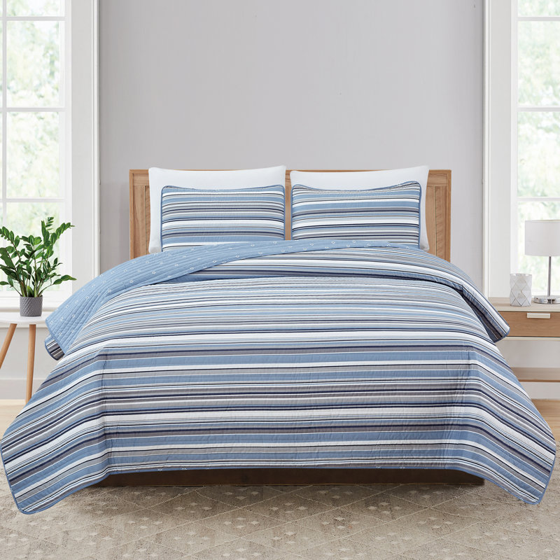 Elise Blue and Grey Reversible Microfiber Full Quilt Set