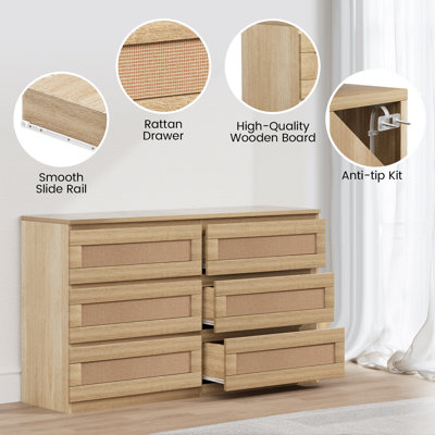 Rattan Dresser for Bedroom  6 Drawer Dresser for Closet  Double Wood Dressers & Chest of Drawers