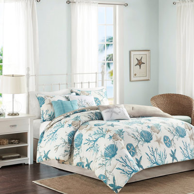 King Size Cotton Bedroom - With Printed Shells, Starfish, Corals In Teal And 7 Piece Comforter With & Decorative Appeal