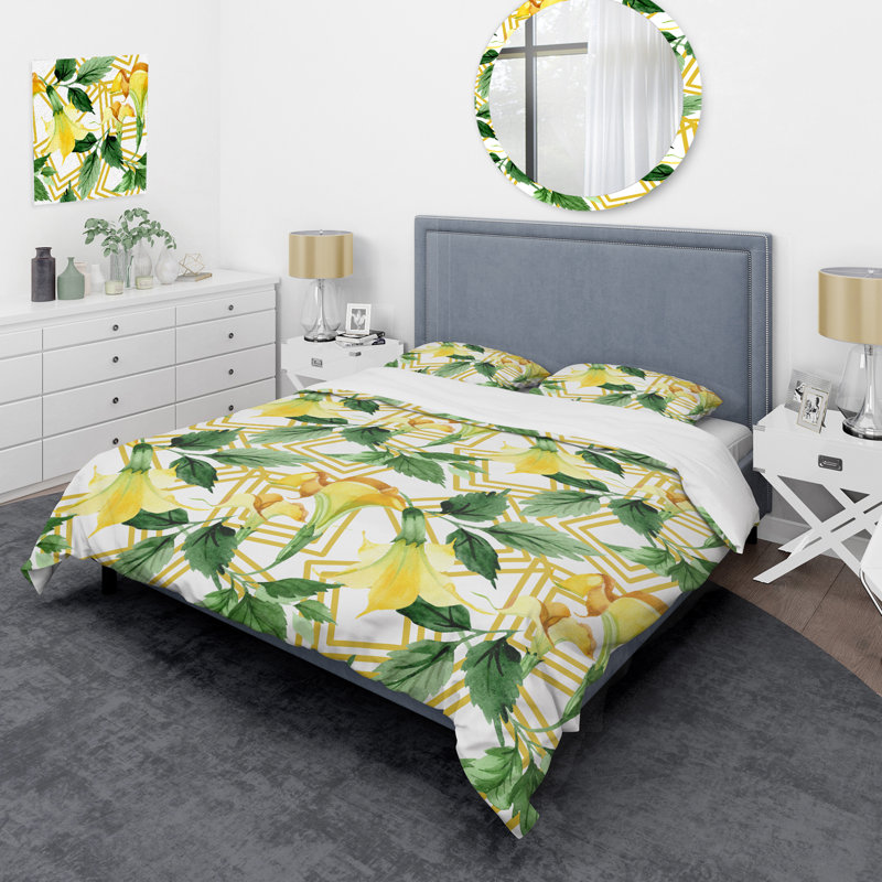 Fleur jaune et feuille verte - ensemble de housse de couette floral - microfibre de polyester