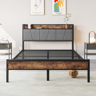 Bed Frame, Storage Headboard With Charging Station, Solid And Stable