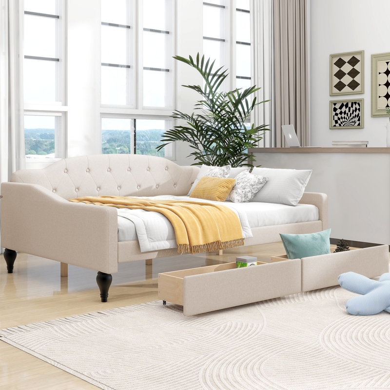 Upholstered Tufted Daybed with Two Drawers