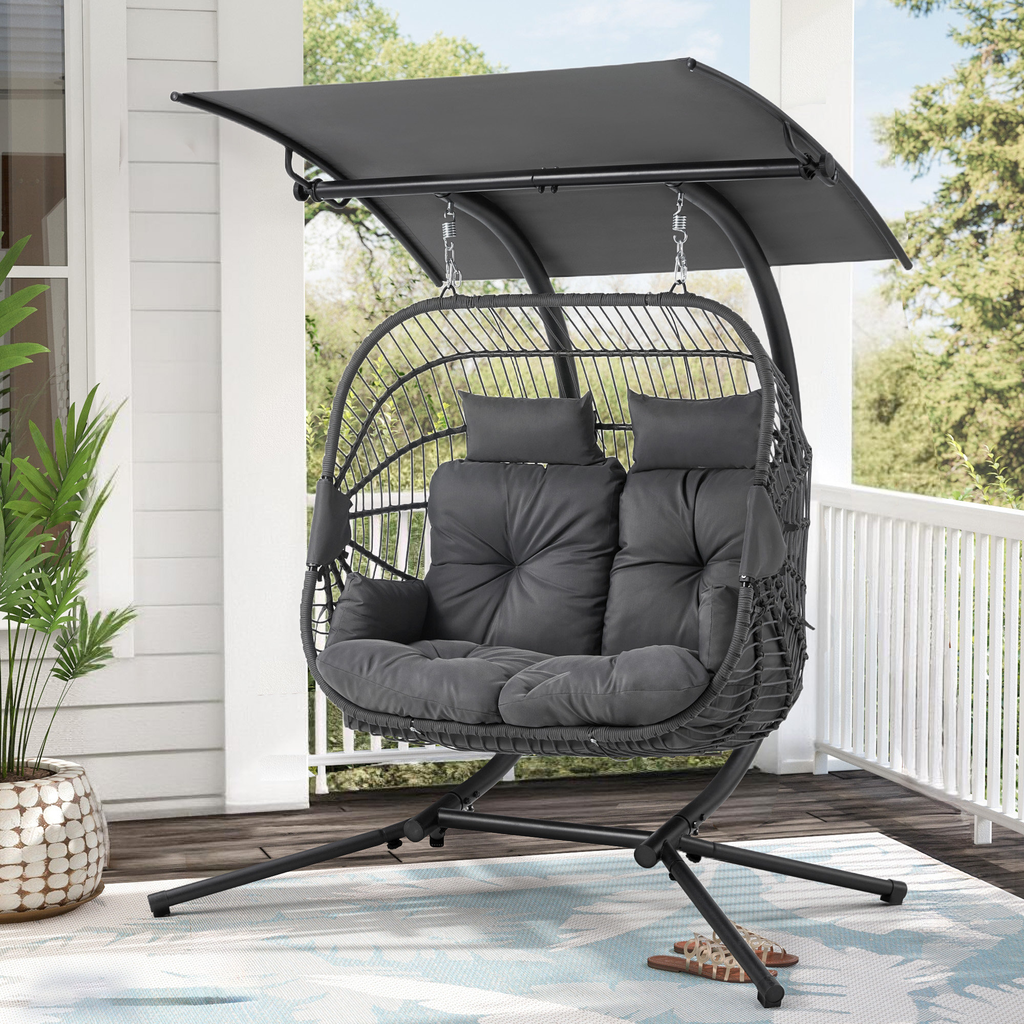 Valoris 2 Person Egg Chair with Canopy, Porch Swing with Stand and Cushion