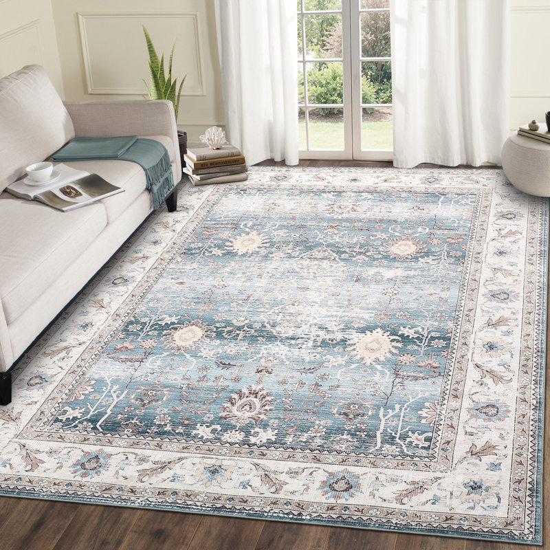 Modern Floral Machine Washable Rug for Living Room Stain Resistant Ultra Soft Low Pile Floor Cover Foldable Lightweight Non Slip Carpet for Bedroom, Dining Room