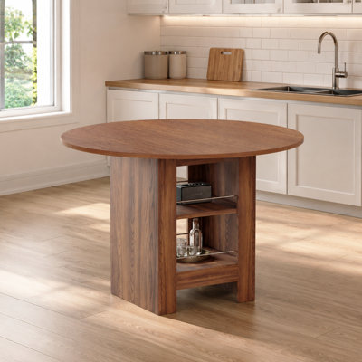 Table de salle à manger ronde avec tablettes de rangement à double couche, structure robuste et stable, coussins de pieds antidérapants, pouvant accueillir 4 à 6 personnes, facile à assembler, plateau de table lisse résistant aux égratignures