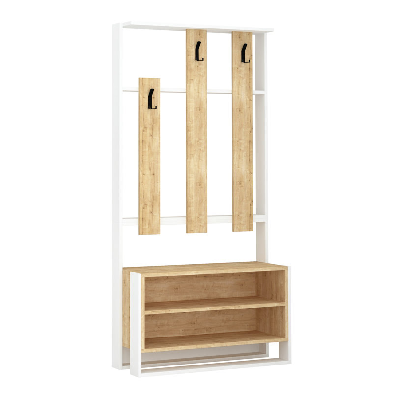 Modern Hall Stand with Numerous Shelves, White & Oak Finish, 35.4 x 70.9 x 14.2 inches | 100% Melamine Coated Particle Board, Thickness: 0.7 inches | Wall-Mountable, Stylish Scandinavian Design for Entryway Storage