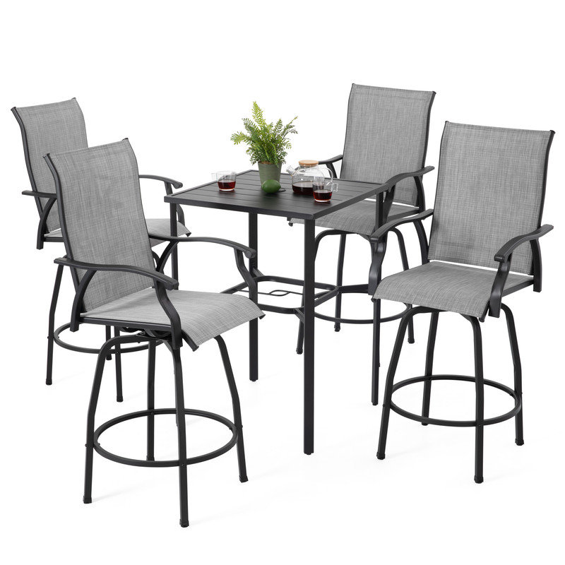 Patio 5-Piece Bar Set with Umbrella Hole, Swivel Textilene Bar Stools