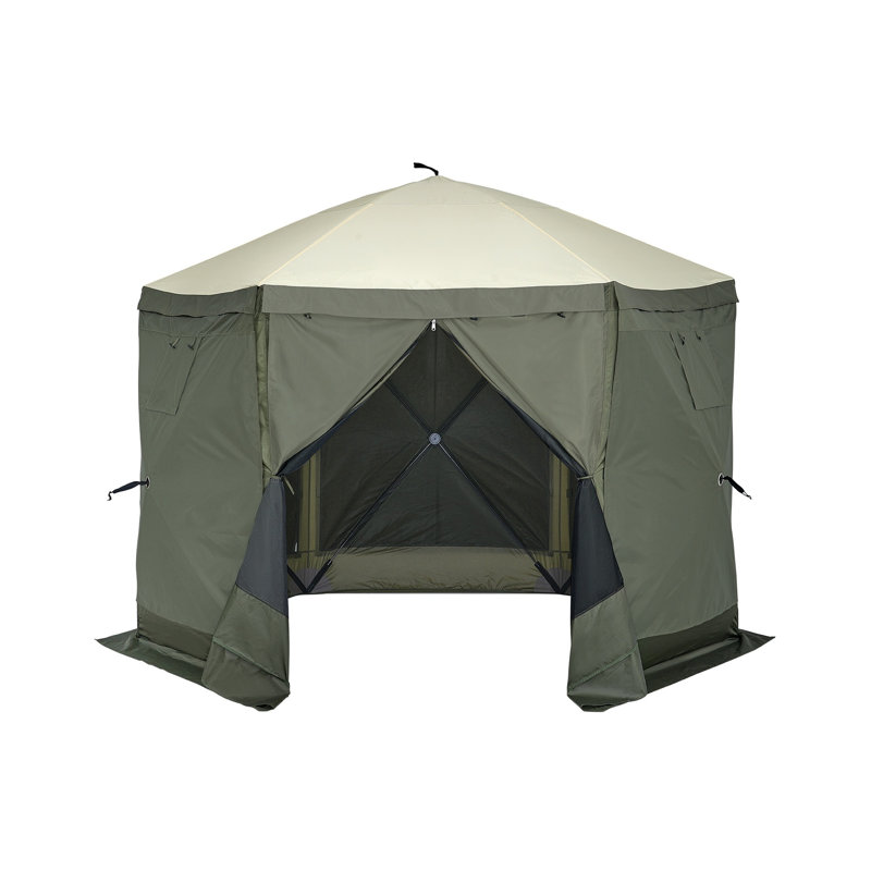 Tente de pavillon de jardin 10 pi 10 po avec murs d'intimité, abri de soleil à moustiquaire vert armée et moustiquaire pour le camping et la cour arrière