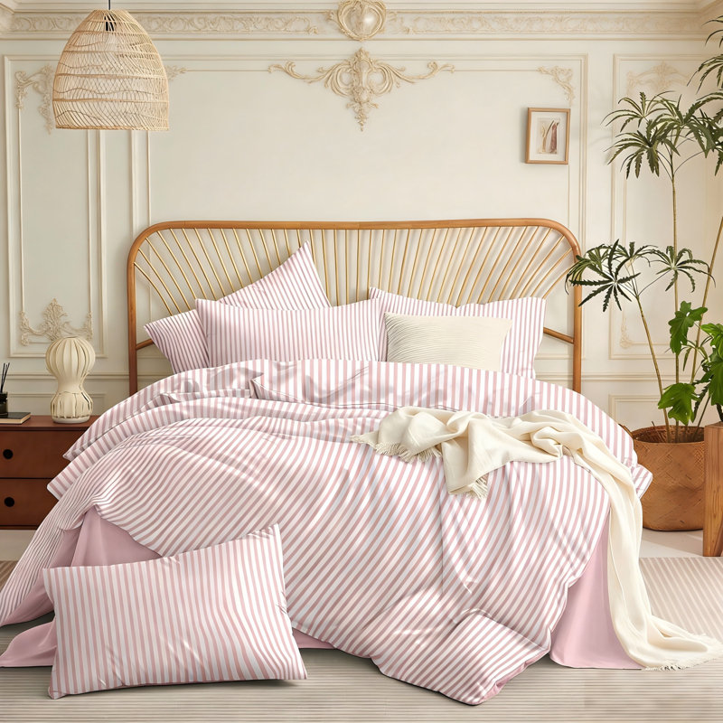 Pink Striped Comforter Set Stripe Comforter Soft Lightweight Pinstripe Dorm Bedding Set For All Seasons, Pink