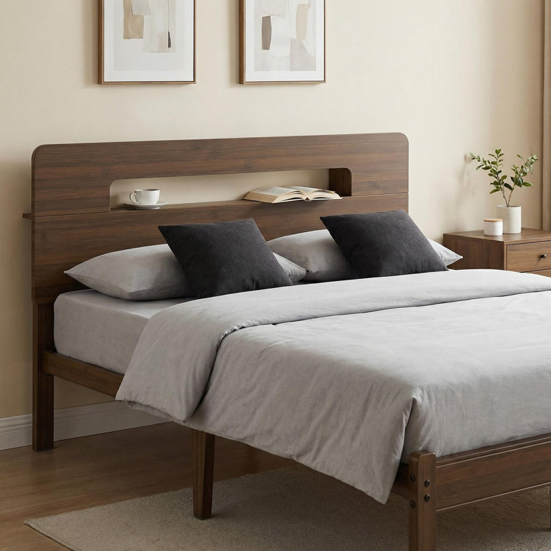 Gerrita Solid Bamboo and Metal Platform Bed with Integrated Headboard, Full, Brown