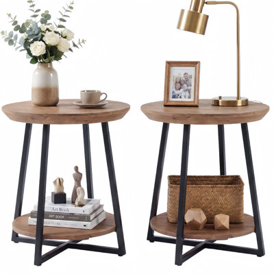 Table de chevet ronde 19,68 po en bois massif avec tablette de rangement, table de chevet industrielle à 2 niveaux avec cadre en métal noir effilé pour la chambre à coucher