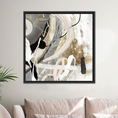 Modern Abstract Canvas Art: Elegant Gray and Gold Printed Design,1P BlackFramedCanvas