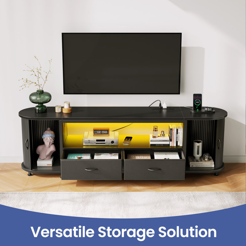 TV Stand with RGB LED Lights and Charging Station, Sliding Door TV Console with Large Storage, Black, 63"