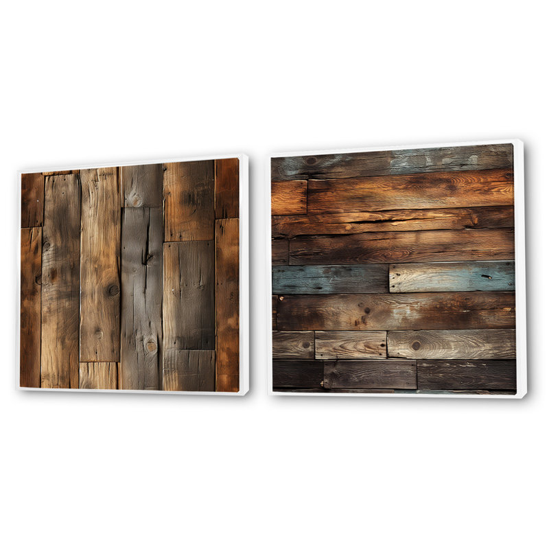Rustic County Planked Wood - ensemble de 2 collages carrés abstraits, Cadre flottant blanc, H 30 po x l 61 po