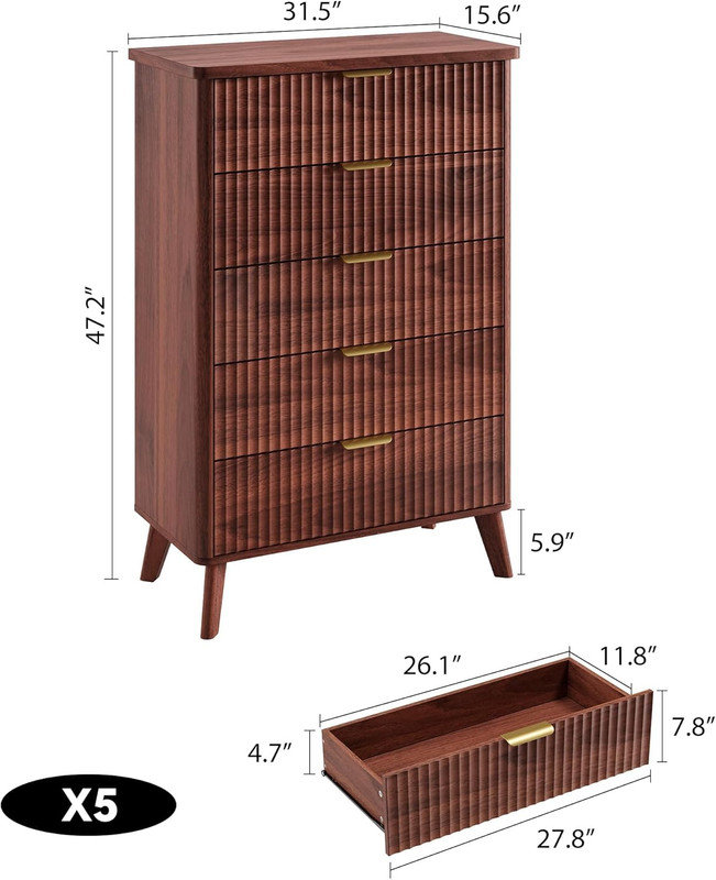 Commode 5 tiroirs cannelée 47,2 po - Profil incurvé, poignées dorées, commode en bois pour chambre à coucher et salon