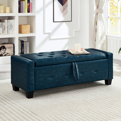 Banc rembourré 48 po en similicuir bleu avec rangement, pour chambre à coucher, salon, couloir - assemblage facile, unité centrale bleue lisse, rangement rapide