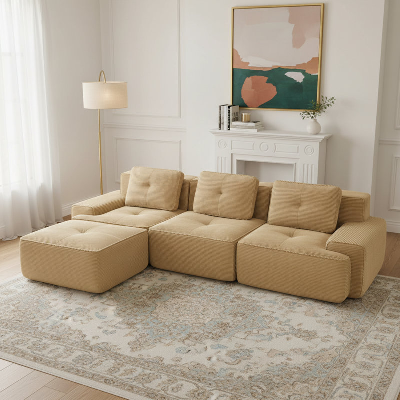 Canapé modulaire en forme de L de 117 po, tissu velours côtelé, siège 3 places avec repose-pieds mobile sans assemblage, base antidérapante, brun clair