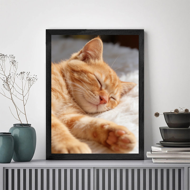 Reproduction d'art encadré noir avec joli chat orange, H 11 po x l 9 po