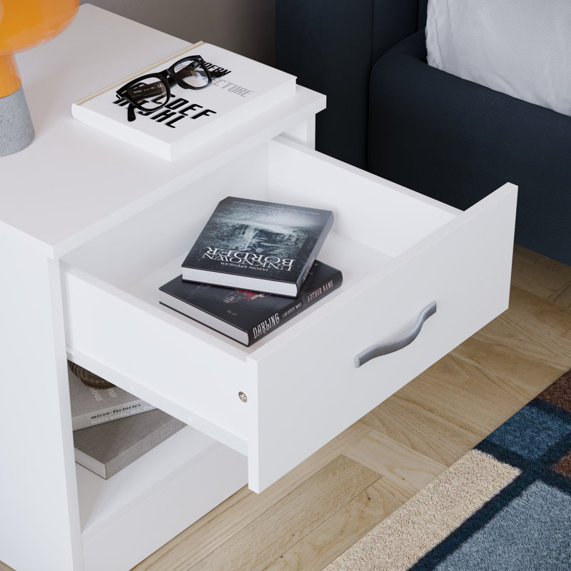 Maybery 1 Drawer Bedside Table With Open Shelf, Bedroom Storage Cabinet, White