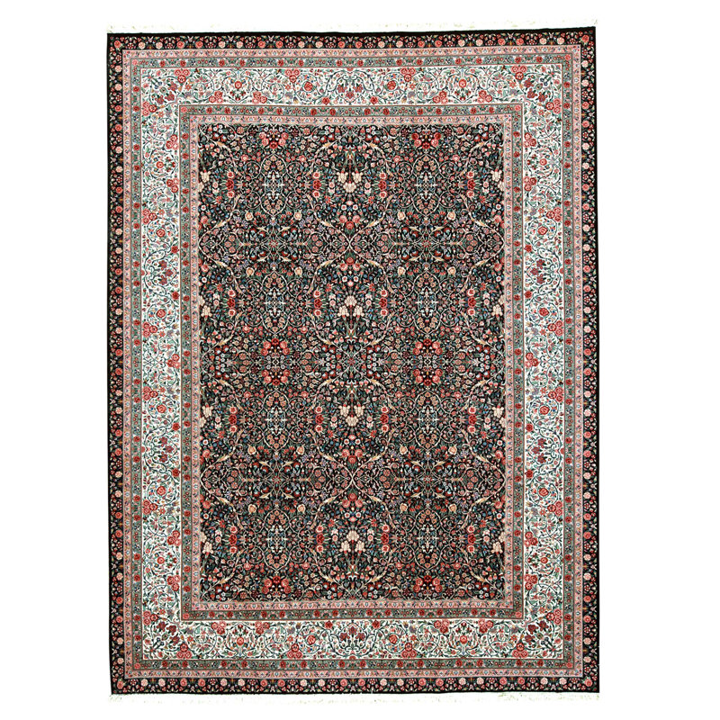 Tapis noir et ivoire de haute qualité noué à la main