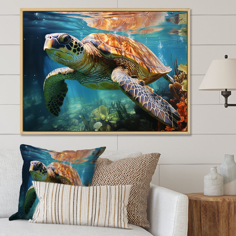 Tortue verte et bleue, animaux marins, art mural, H 12 po x l 20 po x P 1 po, Cadre naturel flottant