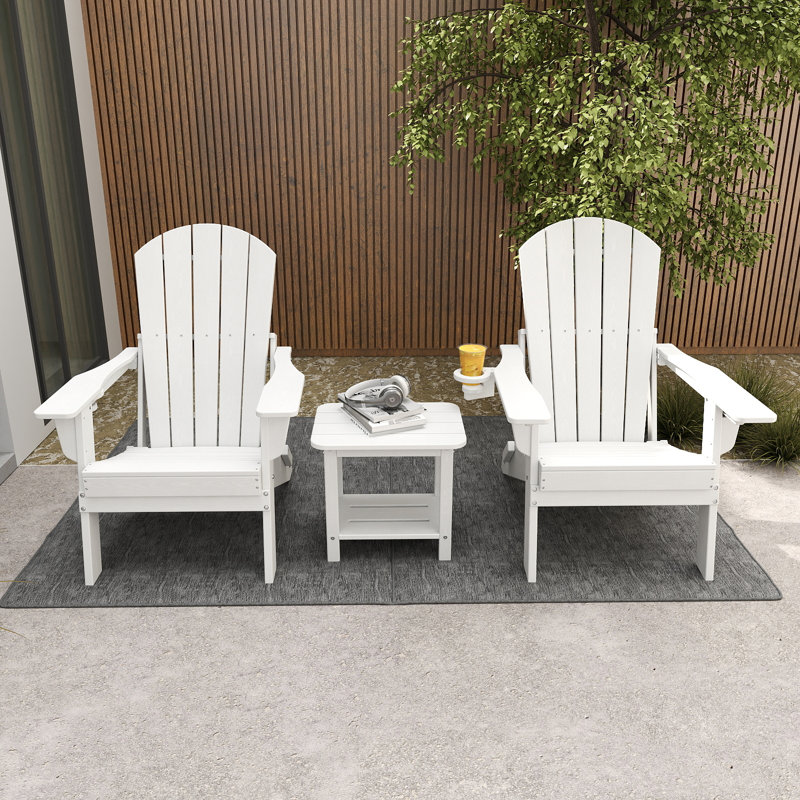 3-Piece Outdoor HDPE Adirondack Seating Set – 2 Foldable Patio Chairs With Cup Holders & 2-Tier End Table, All-Weather Poly Lumber Furniture For Porch, Backyard, Deck & Pool Area