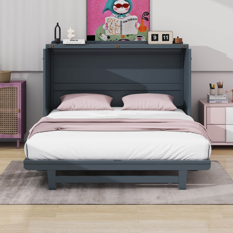 Lit escamotable Murphy avec tiroir et armoire murale en bois massif avec ports USB et prises USB, Double, Marine