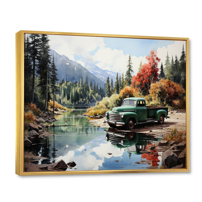 «Pickup Truck Tranquil Lakeside III», reproduction sur toile, Cadre flottant doré, H 24 po x l 32 po x P 1 po