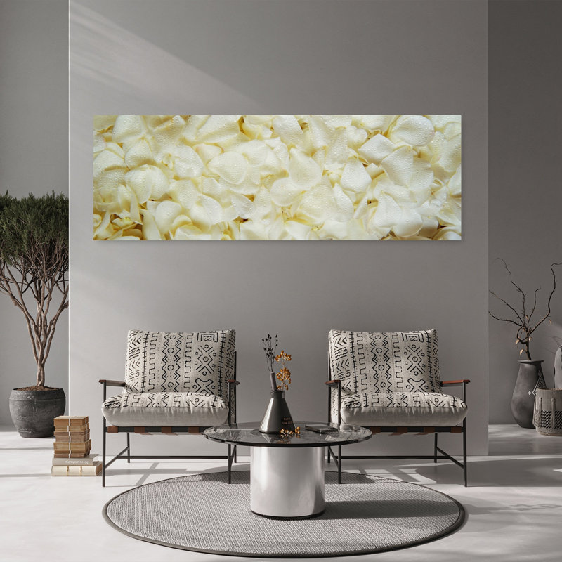 Art mural contemporain blanc avec pétales de roses blanches, H 20 po x l 60 po