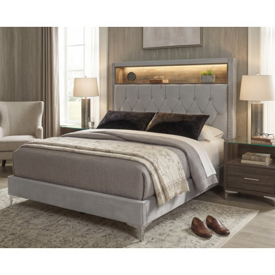 Upholstered Bookcase Storage Bed with LED Light