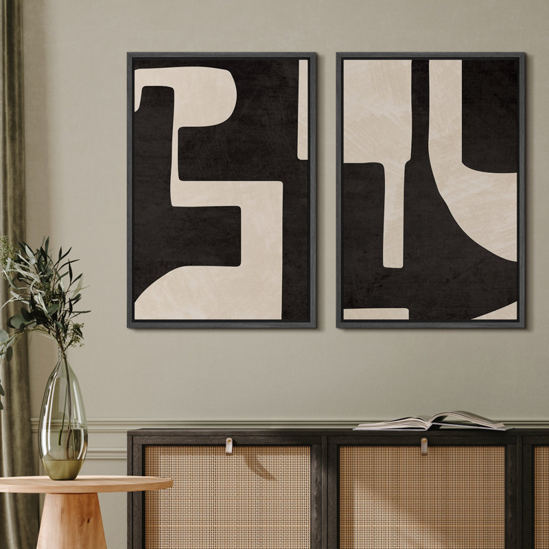 Mid Century Shape Black & Cream Geometric Paint Stroke Abstract Neutral Décor Framed Canvas 2 Pieces Print Wall Art, Black