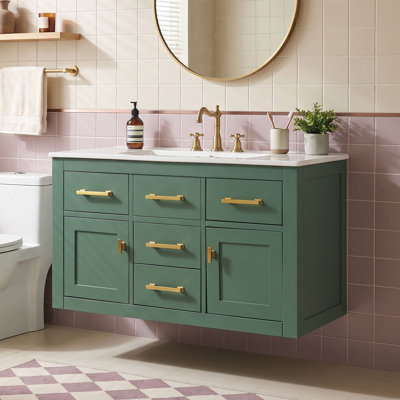Armoire de salle de bain murale élégante avec lavabo en céramique, 4 tiroirs de rangement et portes à fermeture en douceur