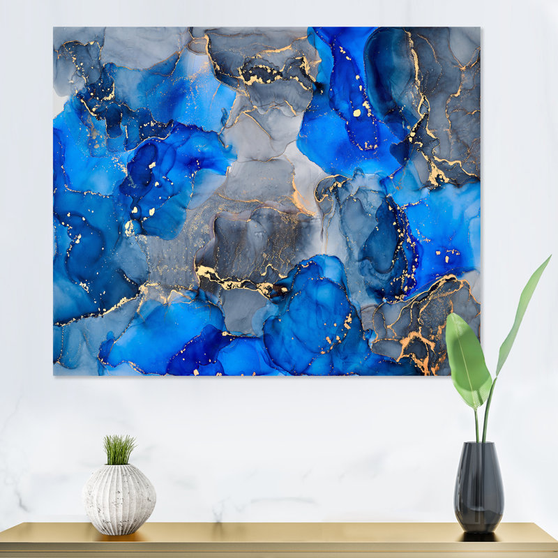 Bleu et gris luxueux abstrait fluide V - peinture sur toile, H 16 po x l 32 po x P 1 po, Toile tendue
