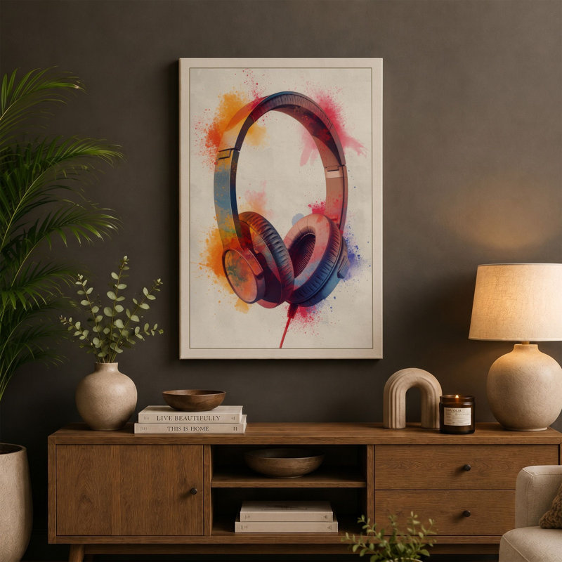 Headphones in Colour Modern 1 Piece Wrapped Canvas Wall Art, 30x20 - 76.2 x 50.8 cm, Taupe Border