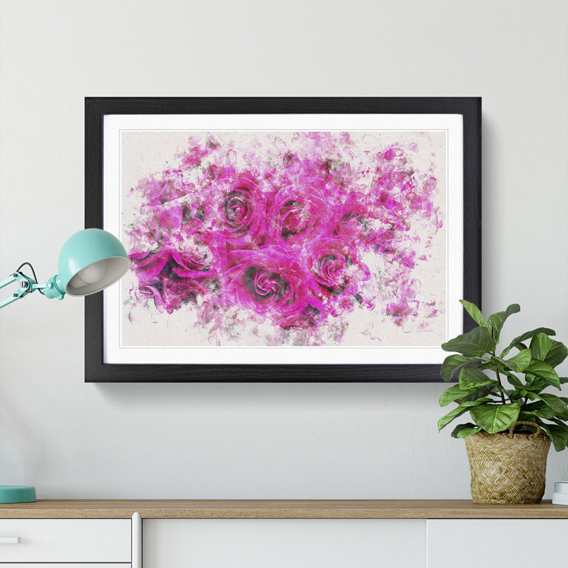 Wall Of Bright Pink Roses Watercolour - Picture Frame Graphic Art, Black, 45cm H x 63cm W x 2cm D