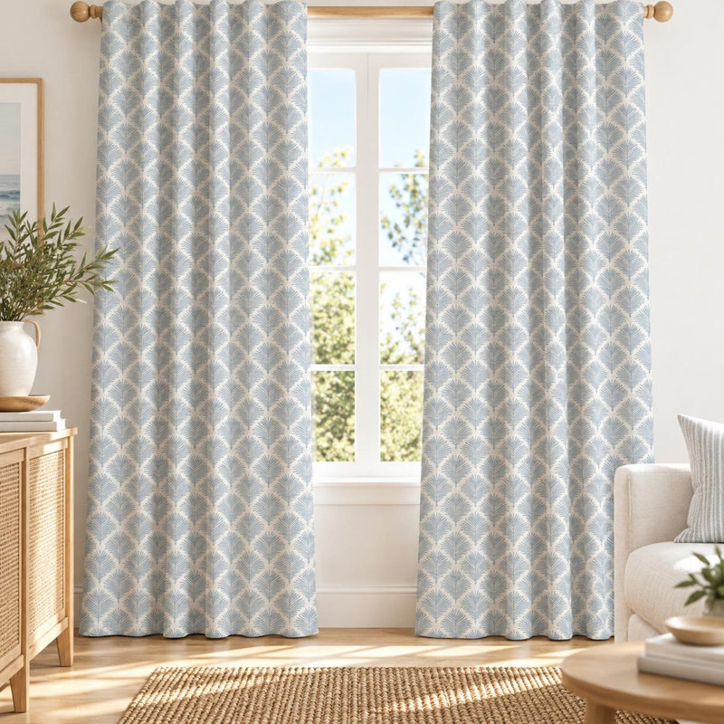 Rideaux bord de mer à imprimé palmier tropical bleu et blanc, L 50 po x L 90 po