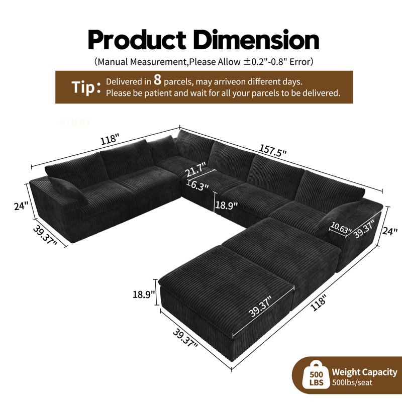 U-Shaped Modular Corner Sectional 8-Piece Plush Corduroy Sofa,157.5"W Cloud Couch with 2 Ottoman,No Assembly Required Boneless Couch