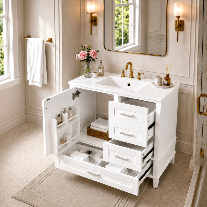 Ensemble de meuble-lavabo moderne 36 po avec ensemble de meuble-lavabo 36 po, armoire de rangement avec 1 porte à fermeture douce et 3 tiroirs à fermeture douce, structure en bois massif (blanc)