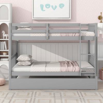 Twin Over Twin Rubber Wood Bunk Bed With Trundle, Convertible Into Twin Size Beds, Twin Size Bunk Bed With Ladder And Safety Guardrails