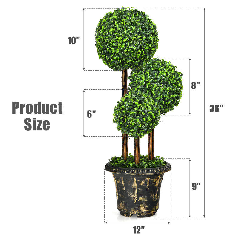 UV Resistant Artificial Boxwood Triple Ball Topiary, Black/Light Yellow, 36" H x 12" W x 12" D