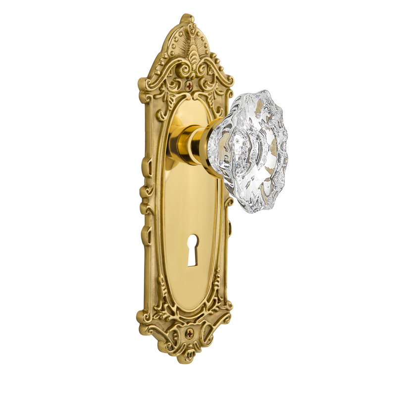 Victorian Plate with Decorative Keyhole and Chateau Door Knob, Unlacquered Brass, 2-3/4”